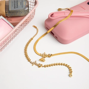 Luxury gold titanium heart and heartbeat necklace with bracelet set featuring rhinestones