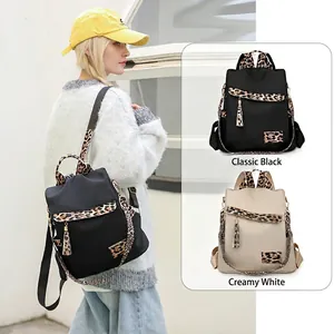 Lightweight leopard print oxford cloth backpack for women in classic black and beige