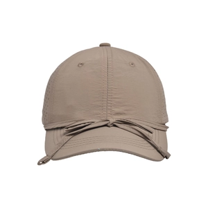 Detail of khaki quick-dry baseball cap featuring breathable laser holes and a decorative bow