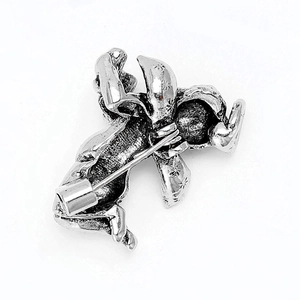 Detailed back view of silver angel brooch showing metal pin fastener and smooth texture