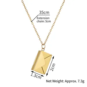Gold stainless steel envelope pendant necklace with 35cm chain and 5cm extension