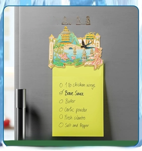 Detail of Hangzhou West Lake metal fridge magnet with Leifeng Pagoda and enamel finish
