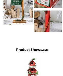 Detail of wooden Christmas birdhouse with pine needles and red berries on a snowy scene