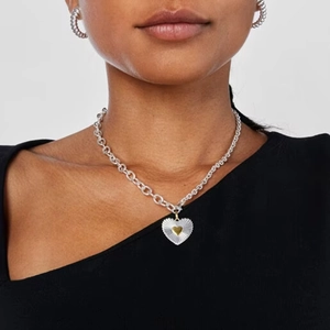 Two-tone 18k gold plated stainless steel heart pendant necklace and hoop earrings set