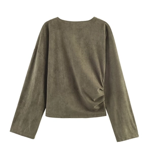 Damen Set aus Langarmshirt in Wildleder-Optik und Ballonhose in elegantem Olivgrün