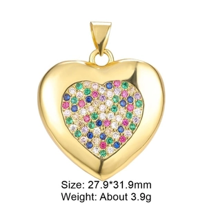 Detailed view of heart charm pendant with colorful zircons, size 27.9x31.9mm