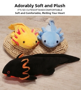 Close-up of soft plush axolotl dolls in yellow blue and black on a woven mat