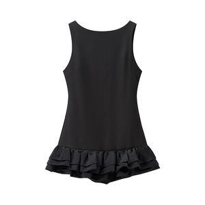 Black sleeveless halter neck backless mini dress with elegant layered ruffle hem detail