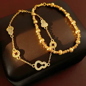Calabash And Copper Coin Bracelet 24K Gold Plated Zircon Inlaid New Chinese Style Light Luxury Retro Jewelry For Women