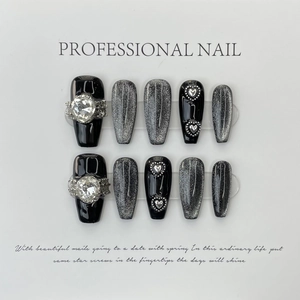 Handmade Press On Nails Cat Eye Heart Rhinestone Dark Style Artificial Fake Nails Reusable For Women