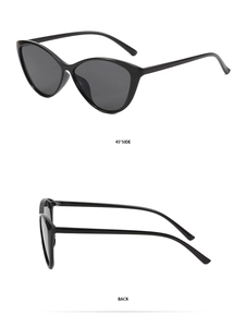 Dual view of black cat eye sunglasses showing 45-degree side profile and back frame detail