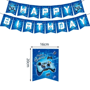 Blue game theme Happy Birthday banner with gamepad graphics and 16x20cm flag dimensions