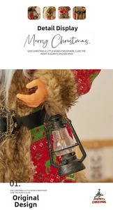 Detail of Santa figurine in red jacquard knit sweater with vintage lantern ornament