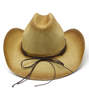 Classic straw western cowboy hat in natural tan with brown faux leather band and bow