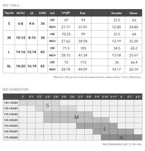 Detailed size guide table for women printed long sleeve shirt with manual measurements