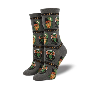 Kreative Halloween-Socken mit Eulen- und Hexenmotiven aus grauem Baumwollstoff