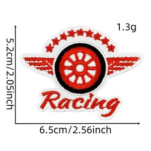 Racing theme embroidered patch with wings and tire details showing size 6.5x5.2cm