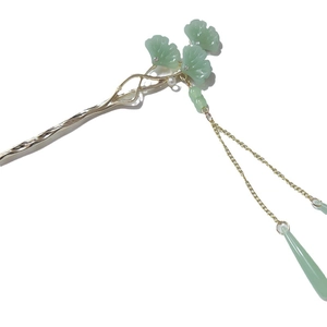 Vintage green ginkgo tassel hair pin with white pearl and gold metal fringe charms