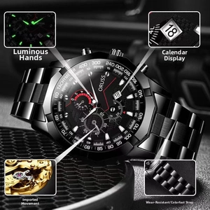 Détails du chronographe en acier noir montrant les aiguilles lumineuses et le calendrier