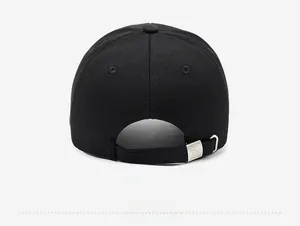 Rear view of black cotton baseball cap showing adjustable silver metal buckle detail
