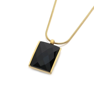 Vintage stainless steel snake chain with a faceted black square glass pendant for women