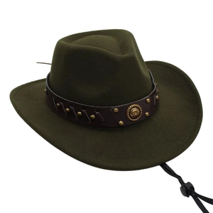 Detail of dark green felt cowboy hat with brown leather band and metallic studs