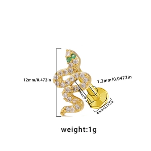 Detailed size measurement of 16G golden snake labret stud with white and green zircon stones