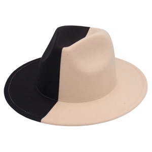 Detailed view of the contrast stitching on a two-tone black and beige wool felt fedora hat
