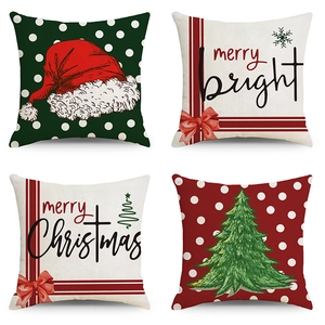 Set of four Christmas throw pillow covers with gnome motifs and festive merry slogans