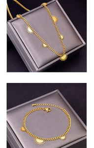 Detailansicht goldener Sonnenfächer-Anhänger an Halskette und Armband auf Geschenkbox