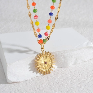 Double-layer 18K gold plated stainless steel necklace with sunburst pendant and colorful beads