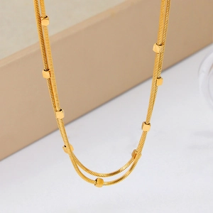 Minimalist double layer gold plated snake chain necklace with cubic bead ornaments