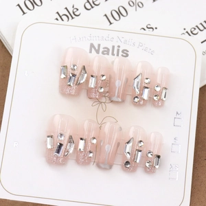 Ongles À Presser Fait Main Strass Paillettes Forme Ballet Rose Nu Brillant ABS Accessoires Mode Élégants Femmes
