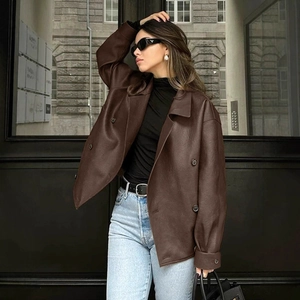 Vintage brown double-breasted leather blazer in loose silhouette for women