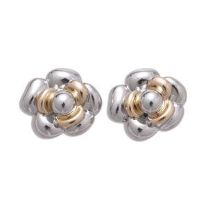 Minimalist flower studs with silver petals and golden center in a polished dual-tone finish