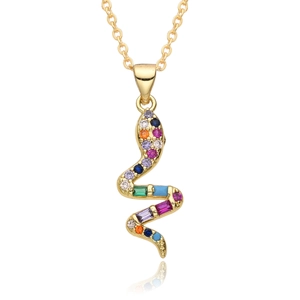Detail of gold-plated snake pendant with sparkling colorful zircon micro-inlay on chain