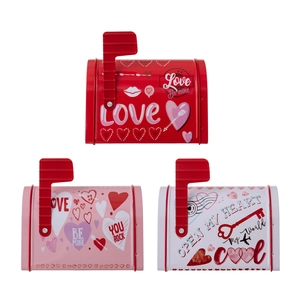 Three Valentine mailbox tin gift boxes in red, pink, and white with heart patterns