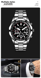 Detalle macro de un reloj cronógrafo para hombre con esfera negra y correa de acero