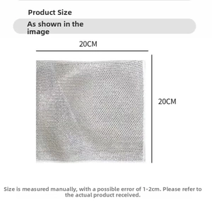 Detailed size view of the 20x20cm silver wire dishcloth with reinforced edges