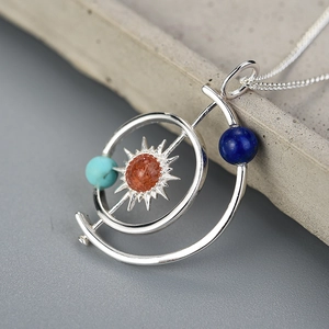 Solar system pendant in S925 sterling silver with natural stones and celestial rings