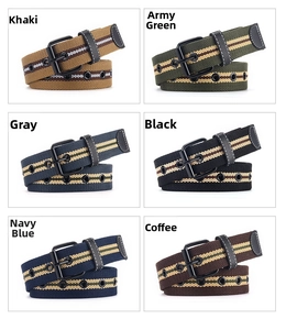 Detailed grid view of canvas belts in khaki, army green, grey, black, navy and coffee colors