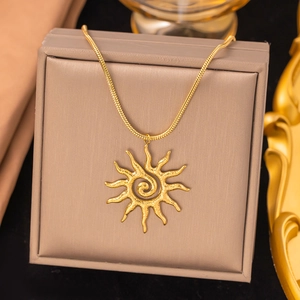 Elegant 18K gold plated stainless steel sunburst pendant necklace on a snake chain