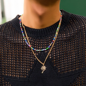 Men's bohemian colorful seed bead necklace set with a golden coconut tree pendant