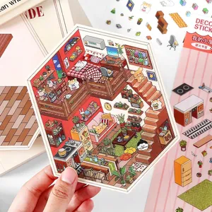 Cute isometric 2.5D dollhouse scene stickers for DIY scrapbooking with interior decor