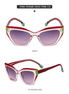 Front and 45-degree side view of cat-eye sunglasses with pink frames and C4 color code