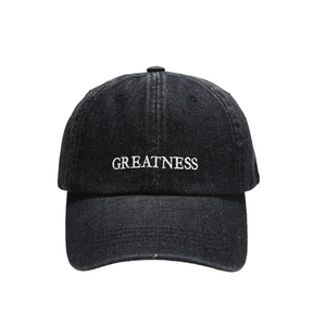 Denim baseball cap with GREATNESS embroidery and curved brim in washed dark grey finish