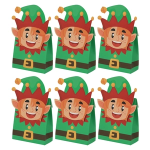 Set of 6 green Christmas elf paper gift bags with holiday candy box packaging
