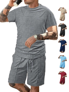 Detail showing the square waffle knit texture of men's summer t-shirt and shorts set