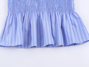 Vue détaillée d'une chemise à rayures bleues et blanches avec taille smockée et volants
