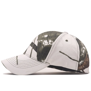 Outdoor white baseball cap featuring camouflage wood branch pattern on cotton twill fabric